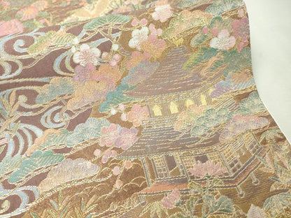 平和屋着物▼六通柄袋帯　流水風景花鳥文　金糸　正絹　逸品　CAAX0267vp