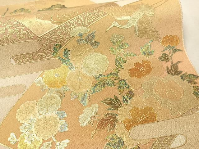 平和屋着物▼太鼓柄袋帯　地紙花鳥文　金通し地　引箔　正絹　逸品　CAAX0377vp