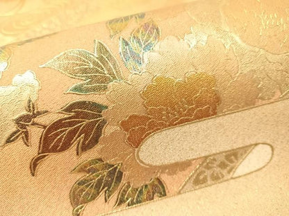平和屋着物▼太鼓柄袋帯　地紙花鳥文　金通し地　引箔　正絹　逸品　CAAX0377vp