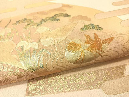 平和屋着物▼太鼓柄袋帯　地紙花鳥文　金通し地　引箔　正絹　逸品　CAAX0377vp