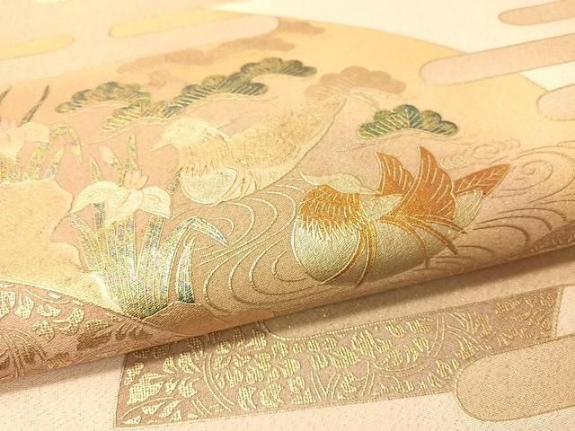 平和屋着物▼太鼓柄袋帯　地紙花鳥文　金通し地　引箔　正絹　逸品　CAAX0377vp