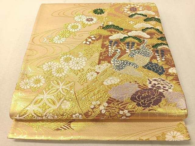 平和屋着物▼六通柄袋帯　唐織　流水几帳孔雀花文　金銀糸　正絹　逸品　CAAX0392vp