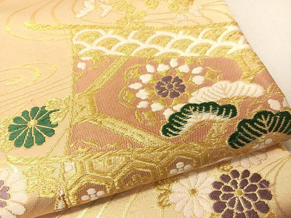 平和屋着物▼六通柄袋帯　唐織　流水几帳孔雀花文　金銀糸　正絹　逸品　CAAX0392vp