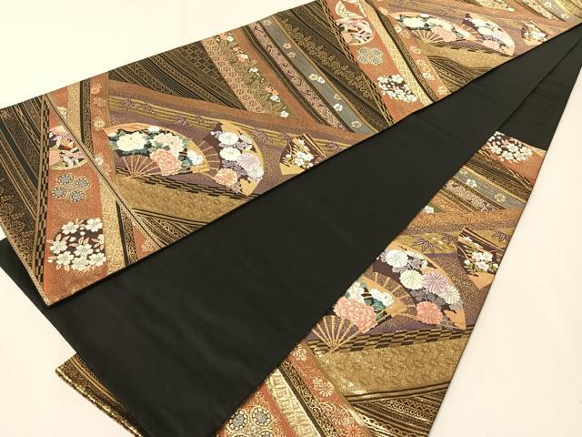 平和屋着物▼六通柄袋帯　唐織　瑞重扇蒔絵　金糸　正絹　逸品　CAAX0397vp