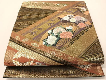 平和屋着物▼六通柄袋帯　唐織　瑞重扇蒔絵　金糸　正絹　逸品　CAAX0397vp