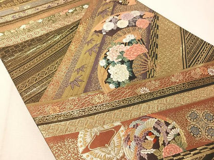 平和屋着物▼六通柄袋帯　唐織　瑞重扇蒔絵　金糸　正絹　逸品　CAAX0397vp