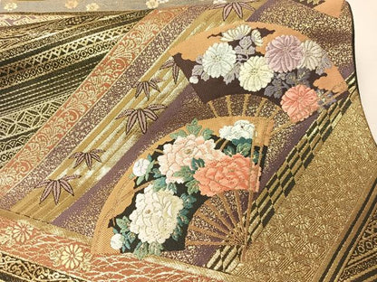 平和屋着物▼六通柄袋帯　唐織　瑞重扇蒔絵　金糸　正絹　逸品　CAAX0397vp