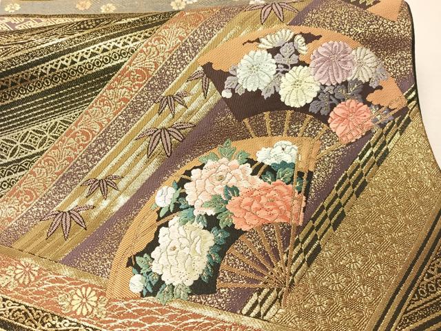平和屋着物▼六通柄袋帯　唐織　瑞重扇蒔絵　金糸　正絹　逸品　CAAX0397vp