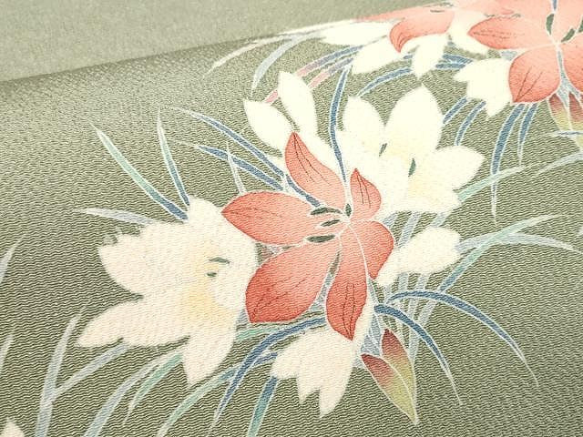 平和屋着物●太鼓柄袋帯 友禅 作家物 枝花文 鬼しぼ縮緬 正絹 逸品 CAAX0521yk