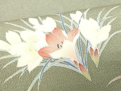 平和屋着物●太鼓柄袋帯 友禅 作家物 枝花文 鬼しぼ縮緬 正絹 逸品 CAAX0521yk