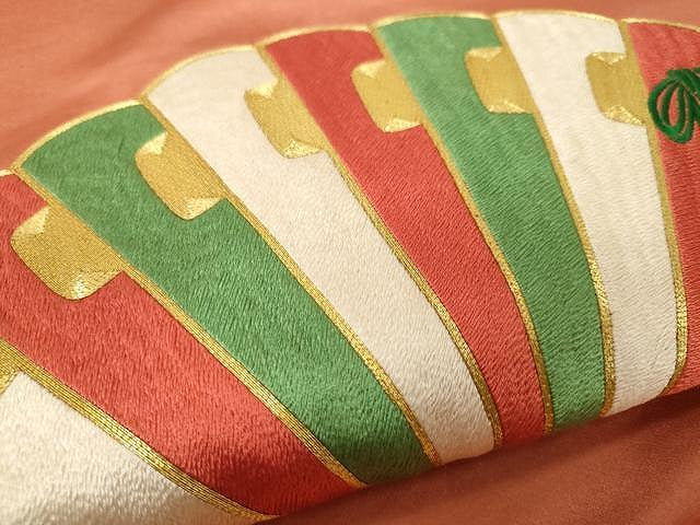 平和屋着物●アンティーク 大正ロマン 九寸名古屋帯 駒刺繍 総刺繍 扇面文 正絹 逸品 CAAX0610yk