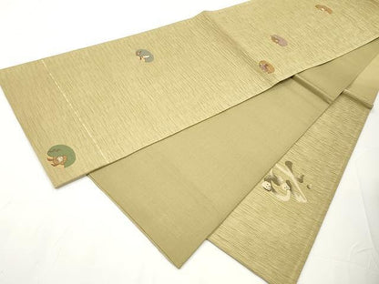 平和屋着物●太鼓柄袋帯 ふくれ織 笑う門には福来る 金通し地 正絹 逸品 CAAX0759yk