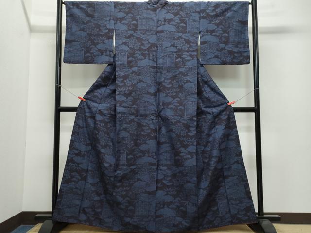 平和屋着物●結城紬 100亀甲 風景松花文 正絹 逸品 CAAX0805vf