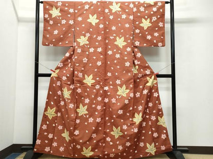 平和屋着物●上質な小紋　紬地　型染め　楓花文　正絹　逸品　CAAX0810vf