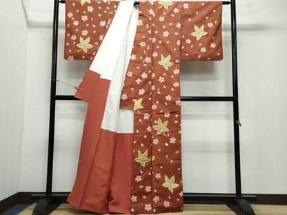 平和屋着物●上質な小紋　紬地　型染め　楓花文　正絹　逸品　CAAX0810vf