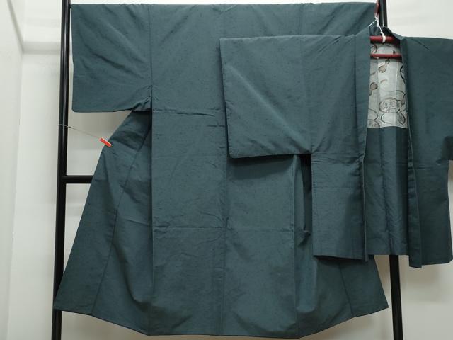 平和屋着物●男性 紬 アンサンブル 黒緑色 正絹 逸品 CAAX0832vf