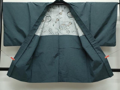 平和屋着物●男性 紬 アンサンブル 黒緑色 正絹 逸品 CAAX0832vf