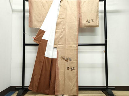 平和屋着物●訪問着　紬地　型染め　瓢箪花文　正絹　逸品　CAAX0909vf