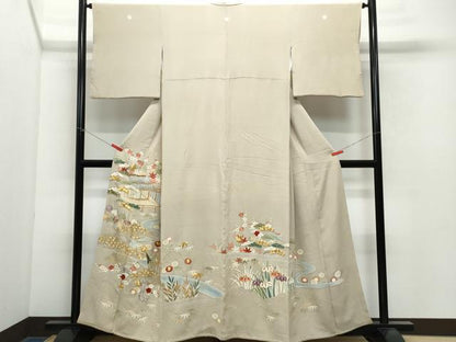 平和屋着物●豪華色留袖 刺繍 流水風景草花文 金彩 正絹 逸品 CAAX0954vf