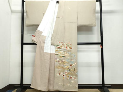 平和屋着物●豪華色留袖 刺繍 流水風景草花文 金彩 正絹 逸品 CAAX0954vf