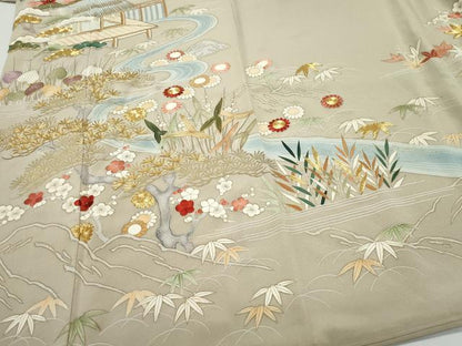 平和屋着物●豪華色留袖 刺繍 流水風景草花文 金彩 正絹 逸品 CAAX0954vf