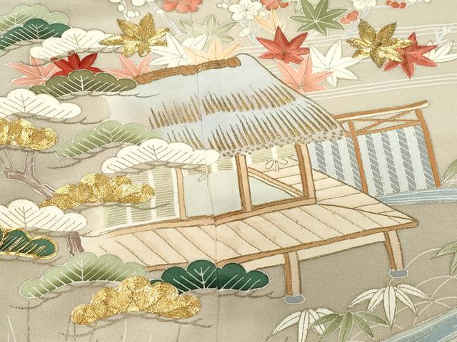 平和屋着物●豪華色留袖 刺繍 流水風景草花文 金彩 正絹 逸品 CAAX0954vf