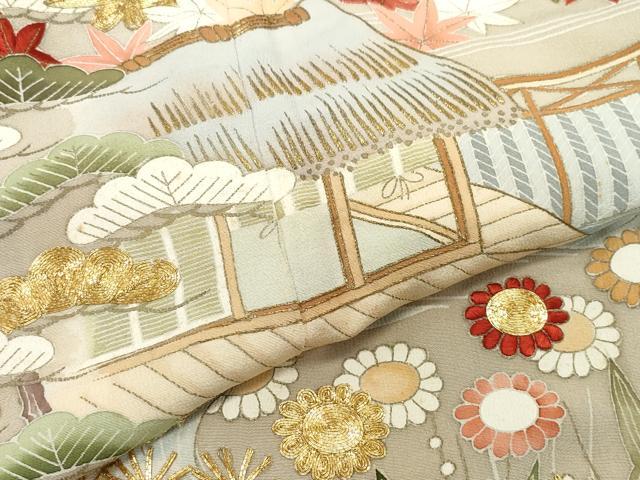 平和屋着物●豪華色留袖 刺繍 流水風景草花文 金彩 正絹 逸品 CAAX0954vf