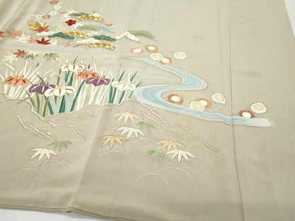 平和屋着物●豪華色留袖 刺繍 流水風景草花文 金彩 正絹 逸品 CAAX0954vf