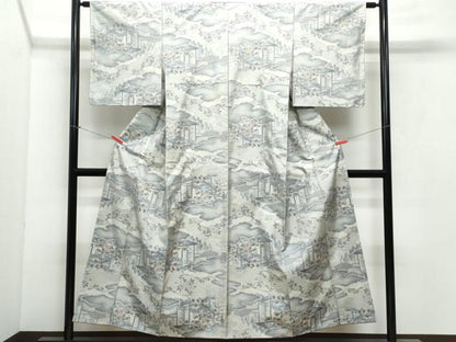 平和屋着物●本場大島紬 白大島 風景人物枝花文 正絹 逸品 CAAX0960vf