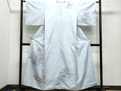 平和屋着物●訪問着　友禅　白山紬　風景舟松花文　正絹　逸品　CAAX0977vf