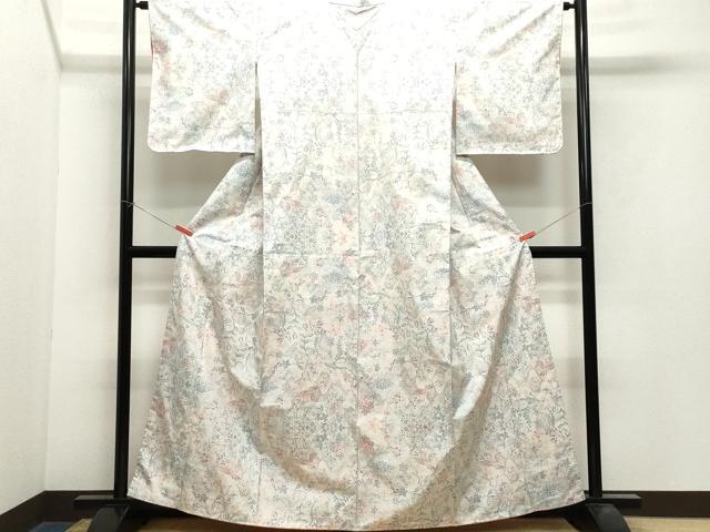 平和屋着物●本場大島紬　白大島　9マルキ　舞蝶花鳥文　正絹　逸品　CAAX0984vf