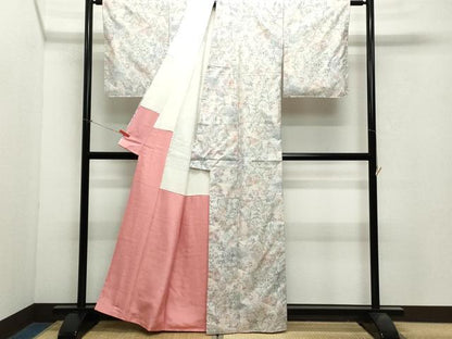 平和屋着物●本場大島紬　白大島　9マルキ　舞蝶花鳥文　正絹　逸品　CAAX0984vf
