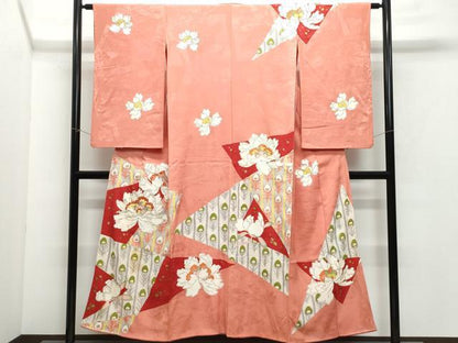 平和屋着物●アンティーク　大正ロマン　駒刺繍　孔雀羽牡丹文　金彩　正絹　逸品　CAAX0993vf