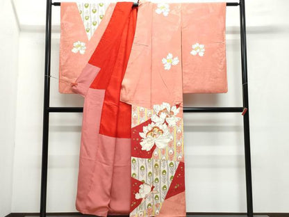平和屋着物●アンティーク　大正ロマン　駒刺繍　孔雀羽牡丹文　金彩　正絹　逸品　CAAX0993vf