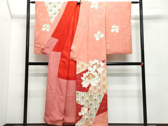 平和屋着物●アンティーク　大正ロマン　駒刺繍　孔雀羽牡丹文　金彩　正絹　逸品　CAAX0993vf