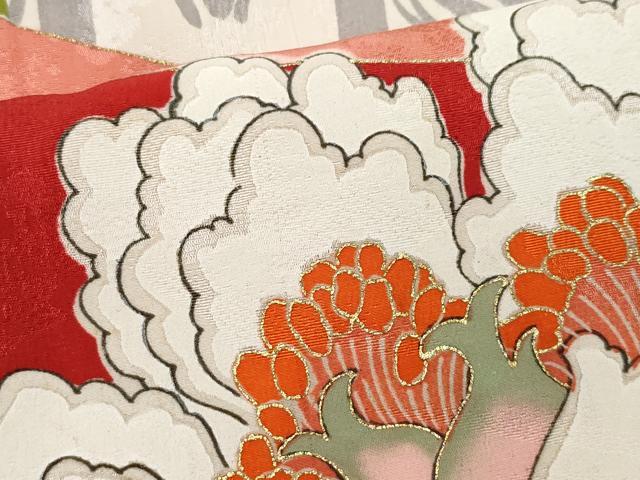 平和屋着物●アンティーク　大正ロマン　駒刺繍　孔雀羽牡丹文　金彩　正絹　逸品　CAAX0993vf