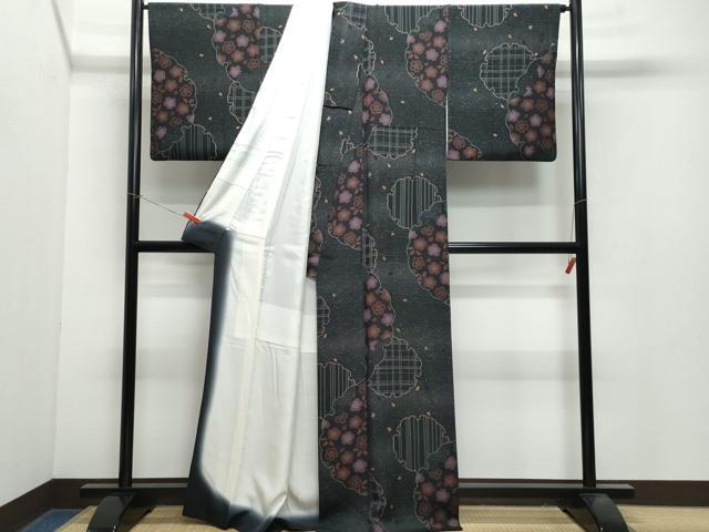 平和屋着物●上質な小紋　雪輪舞花文　黒地　金彩　正絹　逸品　CAAX0996vf