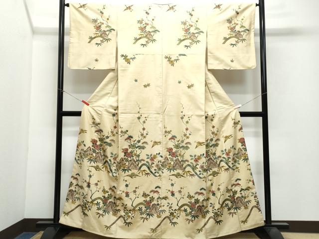 平和屋着物●訪問着 紬地 型染め 飛鶴草花文 金彩 正絹 逸品 CAAX1009vf