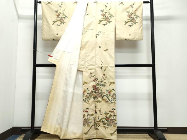 平和屋着物●訪問着 紬地 型染め 飛鶴草花文 金彩 正絹 逸品 CAAX1009vf