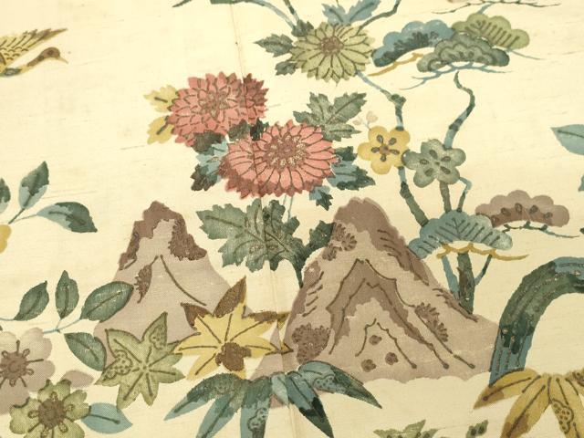 平和屋着物●訪問着 紬地 型染め 飛鶴草花文 金彩 正絹 逸品 CAAX1009vf