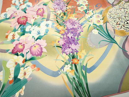 平和屋着物●豪華振袖・長襦袢セット　友禅　作家物　吉祥草花文　正絹　逸品　CAAX1025vf