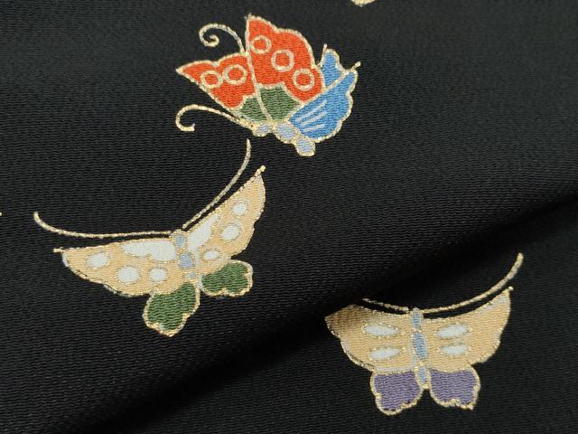 平和屋着物●訪問着 舞蝶文 黒地 金彩 鬼しぼ縮緬 正絹 逸品 CAAX1117vf
