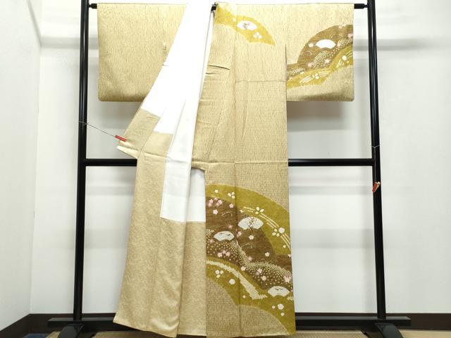 平和屋着物●訪問着 絞り 刺繍 片輪車地紙草花文 金彩 正絹 逸品 CAAX1178vf