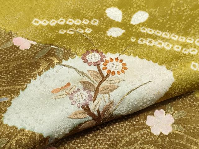 平和屋着物●訪問着 絞り 刺繍 片輪車地紙草花文 金彩 正絹 逸品 CAAX1178vf