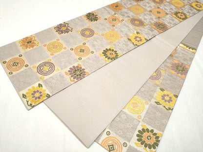 平和屋着物●六通柄袋帯 市松吉祥花文 金糸 正絹 逸品 CAAX1244hy