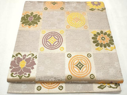 平和屋着物●六通柄袋帯 市松吉祥花文 金糸 正絹 逸品 CAAX1244hy