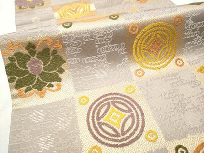 平和屋着物●六通柄袋帯 市松吉祥花文 金糸 正絹 逸品 CAAX1244hy