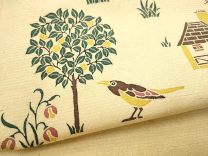 平和屋着物●九寸開き名古屋帯　紬地　型染め　花鳥風景文　正絹　逸品　CAAX1501hy