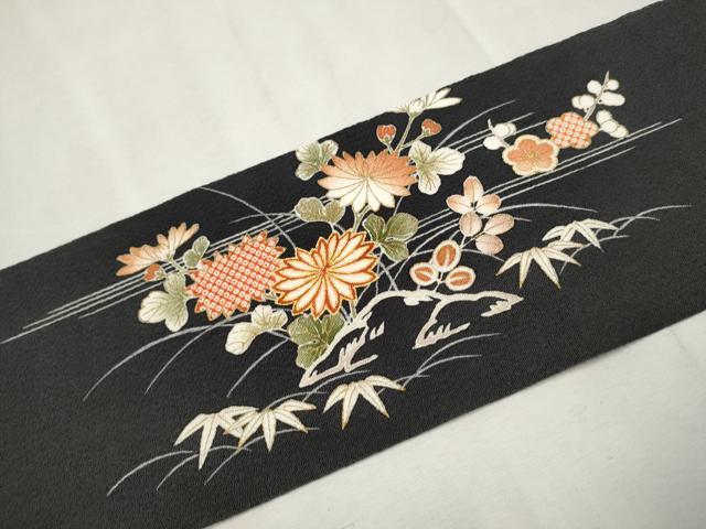 平和屋着物●九寸名古屋帯　松竹梅風景文　黒地　金彩　鬼しぼ縮緬　正絹　逸品　CAAX1513hy