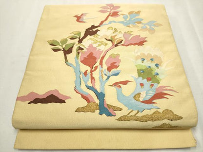 平和屋着物●爪掻き本綴れ 八寸名古屋帯 孔雀枝花文 飴色 金糸 正絹 逸品 CAAX1526hy